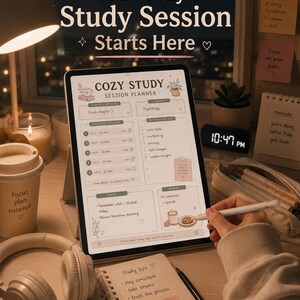 May include: A cozy study setup featuring a tablet displaying a study session planner, headphones, a coffee cup, and a notebook. The tablet shows the text "Your Cozy Study Session Starts Here" and "COZY STUDY SESSION PLANNER". The time on the digital clock is 10:47 PM.