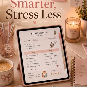 May include: A tablet displays a study session layout with the text "Study Smarter, Stress Less." The screen shows a biology study plan, notes, and a focus level indicator. Stickers, a candle, and a notebook are also visible.