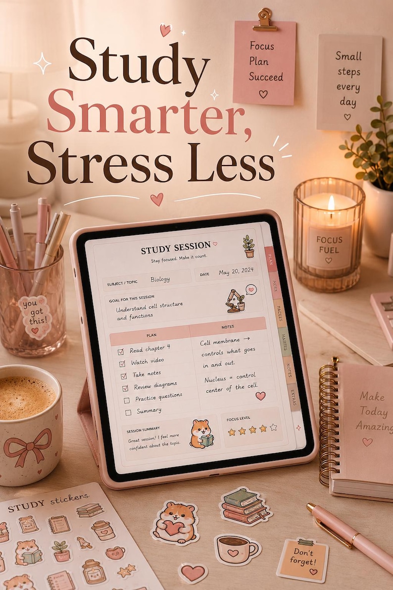 May include: A tablet displays a study session layout with the text "Study Smarter, Stress Less." The screen shows a biology study plan, notes, and a focus level indicator. Stickers, a candle, and a notebook are also visible.