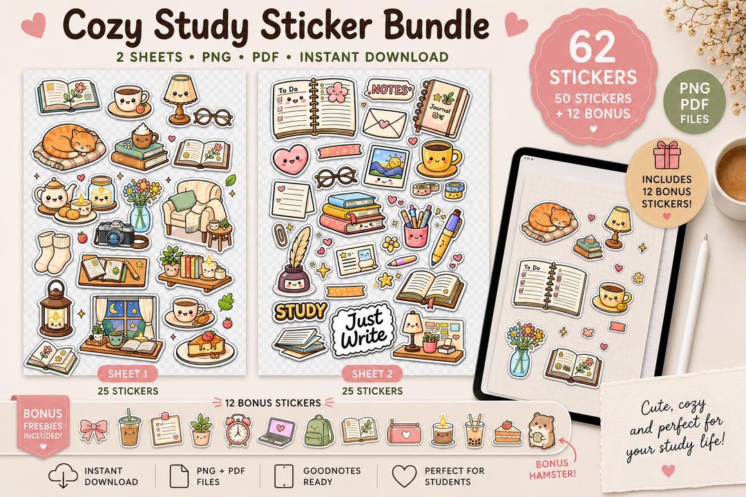 Cozy Study Planner Stickers | Kawaii Digital Bundle (digital Download ...