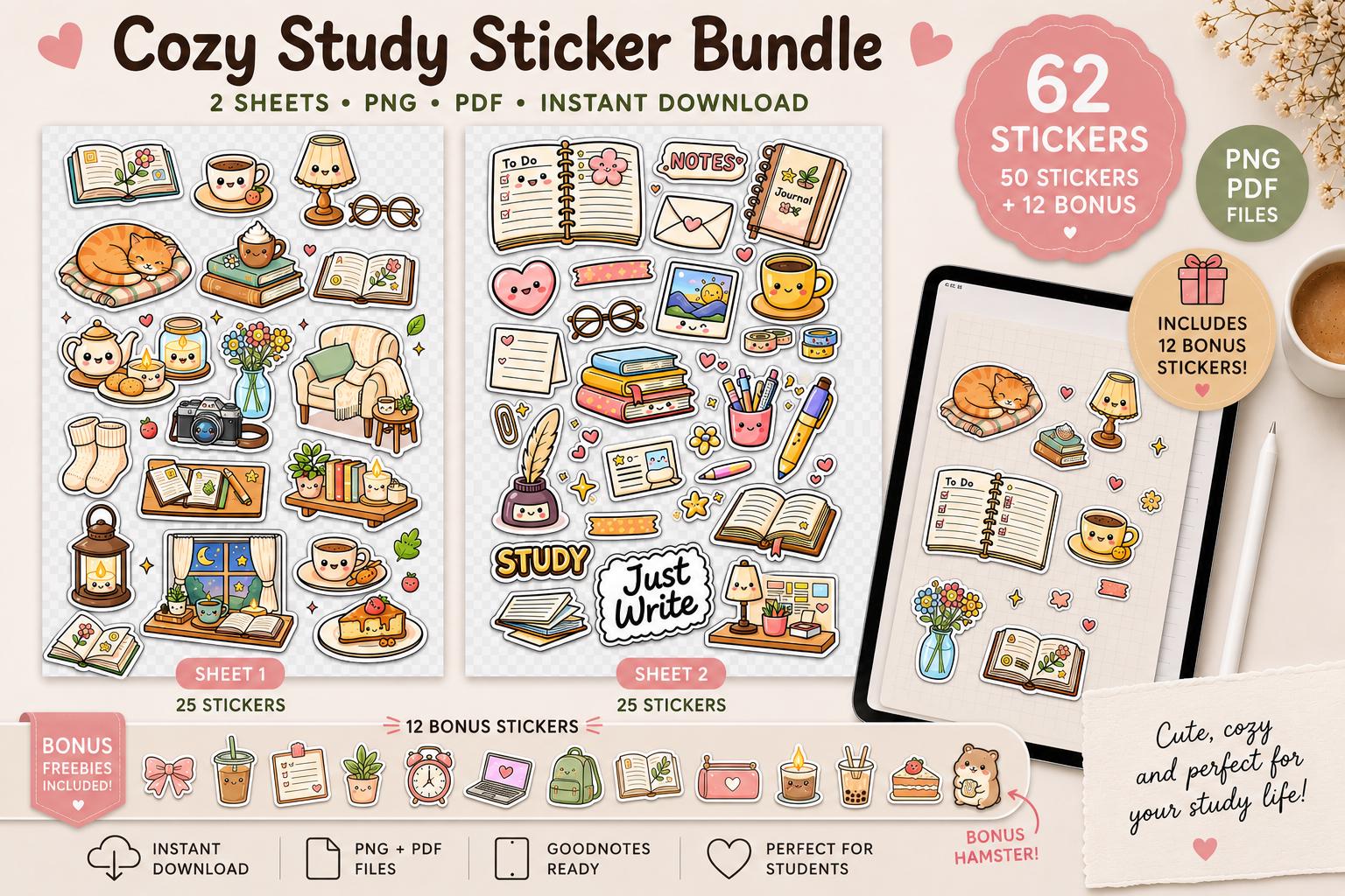 Study Sticker Transparent Cozy Study Planner Stickers | Kawaii Digital Bundle (digital Download ...