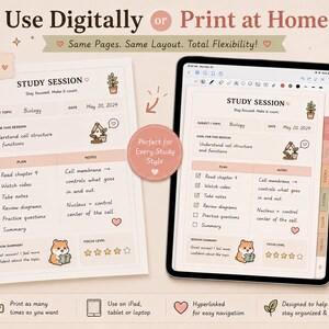 May include: A digital study planner with the text "Study Session" and "Biology" displayed on a tablet and a printed page. The planner includes sections for goals, plans, and notes, with cute illustrations and the text "Use Digitally or Print at Home."