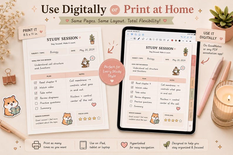 May include: A digital study planner with the text "Study Session" and "Biology" displayed on a tablet and a printed page. The planner includes sections for goals, plans, and notes, with cute illustrations and the text "Use Digitally or Print at Home."