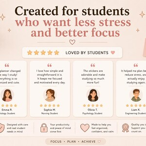 May include: A promotional image for a planner designed for students. The image features a planner, a cup of coffee, a candle, and student testimonials. Text includes "Created for students who want less stress and better focus."