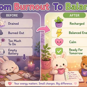 May include: An infographic titled From Burnout To Balance comparing states of exhaustion and recovery. The left side shows a tired rabbit, a storm cloud, and an empty battery. The right side shows a plant, lightning bolt, heart, and checkmark.