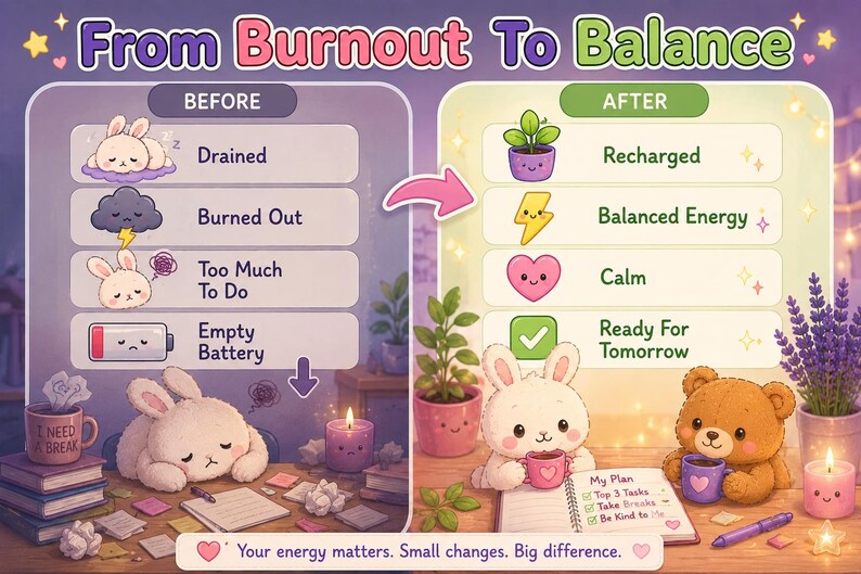 May include: An infographic titled From Burnout To Balance comparing states of exhaustion and recovery. The left side shows a tired rabbit, a storm cloud, and an empty battery. The right side shows a plant, lightning bolt, heart, and checkmark.
