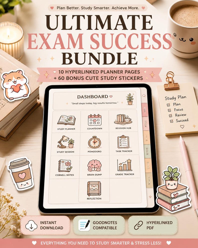 May include: An Ultimate Exam Success Bundle digital planner with a tablet displaying a dashboard with study-related icons. Includes stickers, a coffee cup, a pen, and a notepad with a study plan. The text reads "Plan Better. Study Smarter. Achieve More."