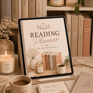 May include: A reading planner on a tablet with the text "Reading Planner". The image includes books, candles, a coffee mug, and a notebook. The planner is surrounded by books, candles, and a coffee mug, creating a cozy reading nook.