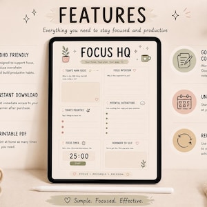 May include: A digital planner on a tablet with the text "FOCUS HQ" and features like "ADHD FRIENDLY" and "INSTANT DOWNLOAD." The planner is designed to help users stay focused and productive. A cup of coffee and a pencil are also visible.