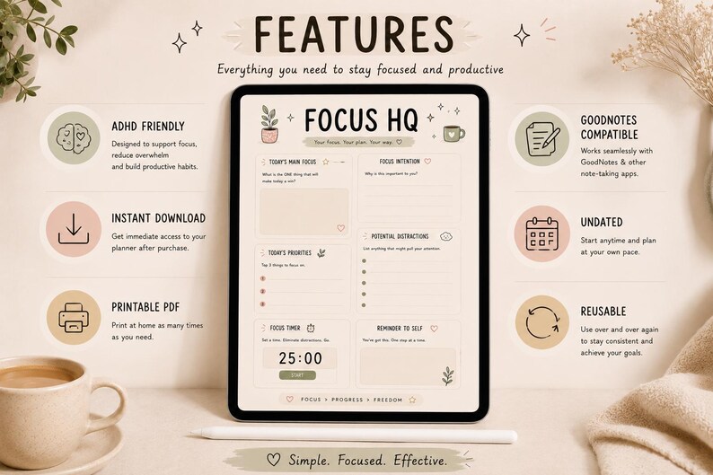 May include: A digital planner on a tablet with the text "FOCUS HQ" and features like "ADHD FRIENDLY" and "INSTANT DOWNLOAD." The planner is designed to help users stay focused and productive. A cup of coffee and a pencil are also visible.