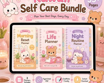 Paquete Kawaii de Autocuidado / Planificadores de Rutinas Matutinas, Diurnas y Nocturnas (Descarga Digital)