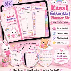 Peut inclure: Un kit de planification numérique Kawaii Essential affiché sur un écran de tablette, présentant des pages de planification quotidienne et hebdomadaire avec des graphismes de lapins et de nuages, incluant un suivi d'habitudes et un calendrier.