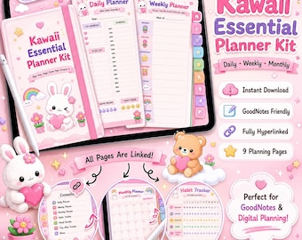 Kit de planificación esencial Kawaii / Rastreador diario, semanal, mensual y de hábitos (Descarga digital)