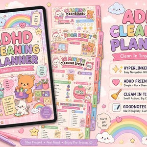 Può includere: Un pianificatore digitale per le pulizie ADHD visualizzato su uno schermo di tablet, con illustrazioni pastello di un coniglio, un orso e un gatto. Il testo di copertina recita ADHD CLEANING PLANNER Clean In Tiny Steps. Sono visibili schede.