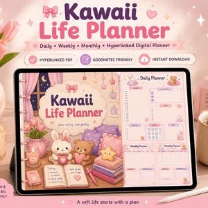 Könnte beinhalten: Ein digitaler Kawaii Life Planner auf einem Tablet, mit einem rosa und lila Design. Der Planer bietet tägliche, wöchentliche und monatliche Abschnitte, mit niedlichen Illustrationen eines Hasen, eines Bären und eines Sterns. Der Text auf dem Bildschirm lautet "Kawaii Life Planner" und "A soft life starts with a plan."
