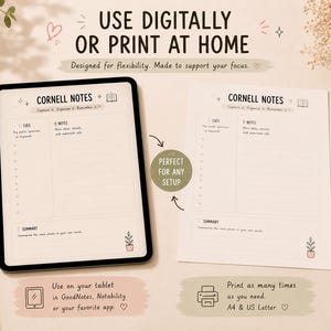 May include: A digital tablet and a printed sheet featuring Cornell Notes templates. The templates include sections for cues, notes, and summaries, with the text "Use Digitally or Print at Home." A cup of coffee, a candle, and a pen are also visible.