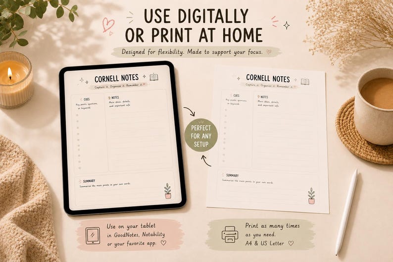 May include: A digital tablet and a printed sheet featuring Cornell Notes templates. The templates include sections for cues, notes, and summaries, with the text "Use Digitally or Print at Home." A cup of coffee, a candle, and a pen are also visible.