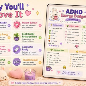 May include: A digital ADHD Energy Budget worksheet displayed on a tablet screen, featuring sections for energy tracking, recharge plans, and daily goals. The interface includes cute illustrations of a rabbit and bear, with pastel colors and organized checklists.