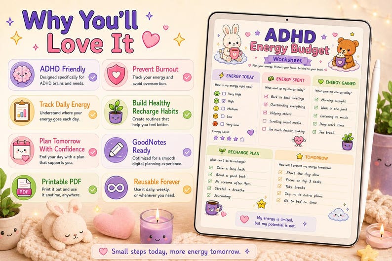 May include: A digital ADHD Energy Budget worksheet displayed on a tablet screen, featuring sections for energy tracking, recharge plans, and daily goals. The interface includes cute illustrations of a rabbit and bear, with pastel colors and organized checklists.