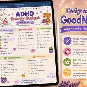 May include: A digital ADHD Energy Budget worksheet displayed on a tablet screen, featuring sections for energy tracking, recharge plans, and daily goals, decorated with cute cartoon animals, stars, and hearts, alongside a stylus pen.