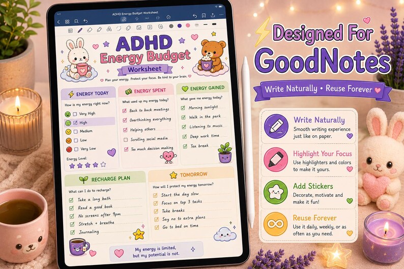 May include: A digital ADHD Energy Budget worksheet displayed on a tablet screen, featuring sections for energy tracking, recharge plans, and daily goals, decorated with cute cartoon animals, stars, and hearts, alongside a stylus pen.