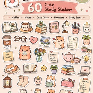 May include: A sheet of 60 cute study stickers with a variety of illustrations, including coffee cups, books, hamsters, and study icons. The stickers are designed with a pastel color palette and include text like "Bonus Included" and "Make Studying More Fun!"