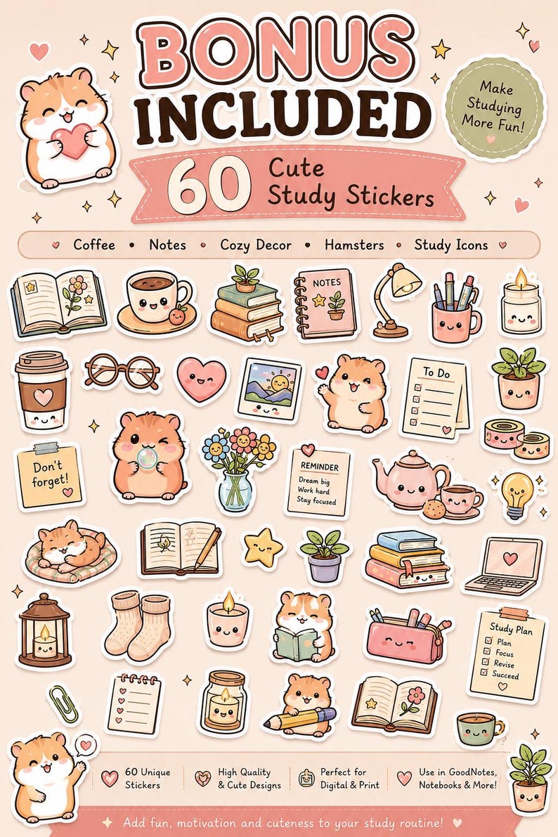 May include: A sheet of 60 cute study stickers with a variety of illustrations, including coffee cups, books, hamsters, and study icons. The stickers are designed with a pastel color palette and include text like "Bonus Included" and "Make Studying More Fun!"