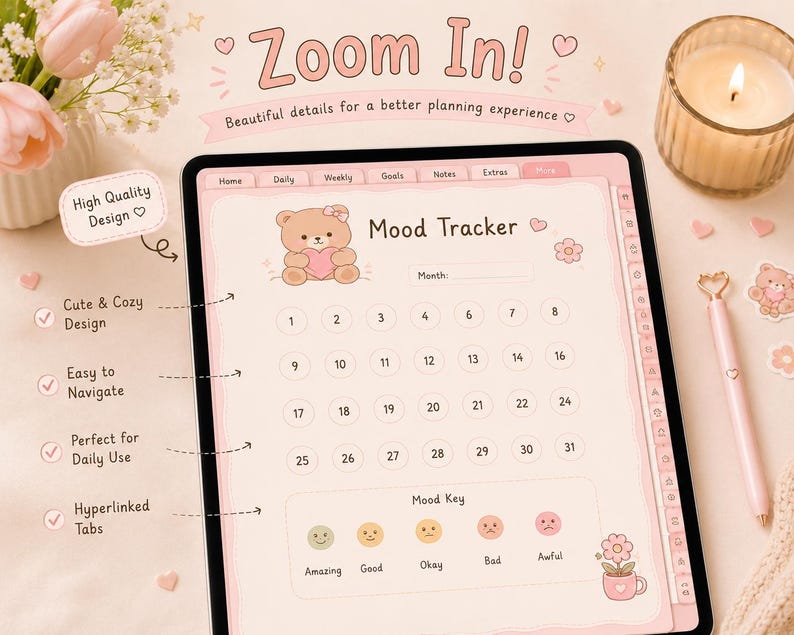 Cozy Kawaii Planner Bundle, Pastel Pink Goodnotes, Self Care (digital ...