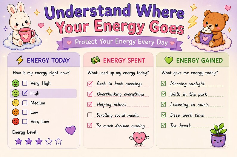 May include: A colorful energy tracking chart titled Understand Where Your Energy Goes and Protect Your Energy Every Day. It features a white rabbit and brown bear, with three columns: Energy Today, Energy Spent, and Energy Gained, including checkboxes and rating stars.