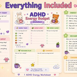 May include: An ADHD Energy Budget worksheet featuring a central planner with sections for energy levels, spending, and recharging. The design includes pastel colors, cartoon animals, and hearts. It is surrounded by five smaller cards detailing energy tracking, daily tasks, and recharge plans with text prompts.