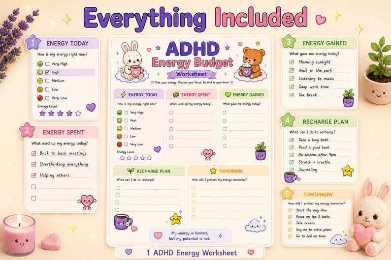 May include: An ADHD Energy Budget worksheet featuring a central planner with sections for energy levels, spending, and recharging. The design includes pastel colors, cartoon animals, and hearts. It is surrounded by five smaller cards detailing energy tracking, daily tasks, and recharge plans with text prompts.