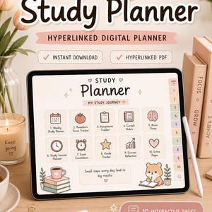 May include: A digital study planner on a tablet, featuring icons for weekly planning, focus tracking, and Cornell notes. The planner includes the text "Cozy Study Planner" and "Hyperlinked Digital Planner."