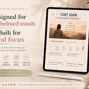May include: A digital tablet displays a planner with the text "START AGAIN" and a photo of a person. A lit candle in a glass jar and a cup of coffee are also visible. The planner is designed for adults with ADHD.