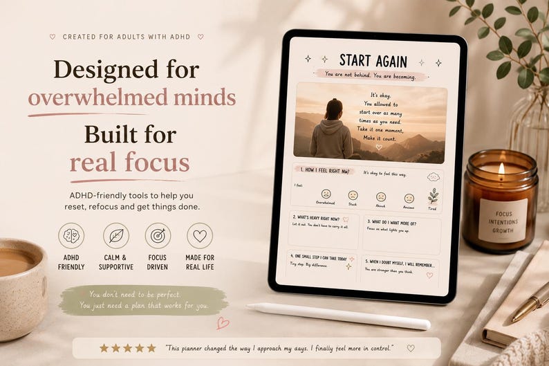 May include: A digital tablet displays a planner with the text "START AGAIN" and a photo of a person. A lit candle in a glass jar and a cup of coffee are also visible. The planner is designed for adults with ADHD.
