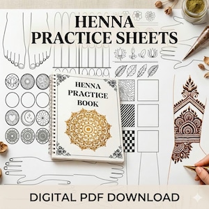 May include: A white spiral-bound book titled "Henna Practice Book" with a gold mandala design on the cover, surrounded by henna practice sheets and the text "Henna Practice Sheets" and "Digital PDF Download".