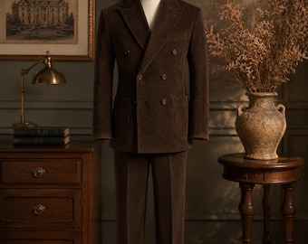 Men's Brown Cotton Corduroy Double-Breasted Suit | Vintage Tailored Wedding Attire