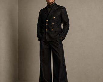 Men's Black Denim Double-Breasted Suit, Wide Leg Trousers, 1940s Retro Style