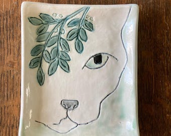 Spoon Rest Cat in the Mistletoe Dish Multi Uses Stoneware Hand Made