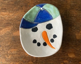 SPOON REST SNOWMAN with Baseball Hat Stoneware Hand Made