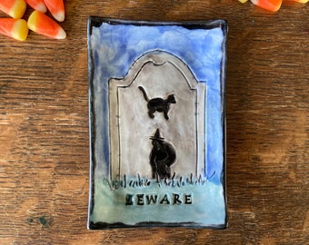 SPOON REST TOMBSTONE "Beware" Cat and Witch Stoneware Handmade