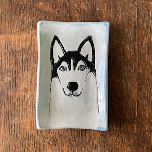 SPOON REST Multi Use Dish Blue Eyes Husky Dog Stoneware Hand Made