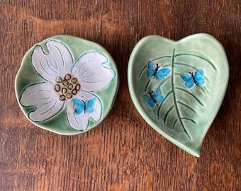 TEABAG HOLDER 2 piece SET Ceramic Dogwood with butterfly Stoneware Hand Made