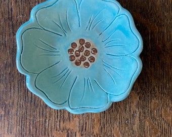 SPOON REST CERAMIC Stoneware Blue Flower Dish Handmade