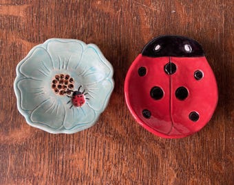 TEABAG HOLDER 2 piece set CERAMIC  Ladybug and blue flower Stoneware Hand Made