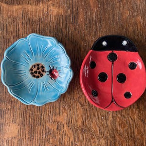LADYBUG TEABAG HOLDER and Blue Flower 2 piece set Ceramic  Stoneware Hand Made