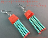 Kewa Pueblo Artisan-JULIAN CORIZ-Hand Cut Apple Coral Turquoise Beaded Earrings-Gorgeous Color Combo