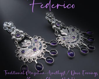 FEDERICO JIMENEZ-Highly Romantic and Feminine-Traditional Mazahua Mexican-Amethyst Gemstone Earrings-3"-Comes in Posts or Clip!