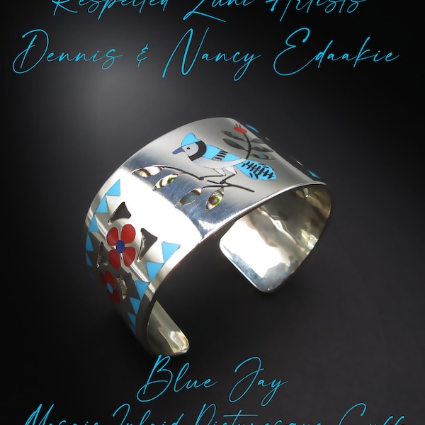 Exceptional  "Blue Jay" Mosaic Inlaid Picturesque Cuff by Respected-Long Time Zuni Master Artists-DENNIS & NANCY EDAAKIE 6-3/8" Wrist
