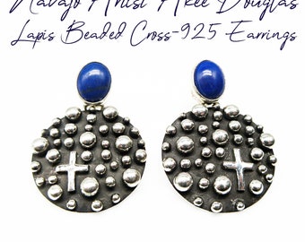 Navajo Artist~AKEE DOUGLAS~Hand Soldered Beaded/Cross/Lapis - 925 Round Dangle Earrings