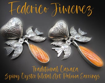 Federico Jimenez-Traditional Oaxaca-Santa Fe Style-SMALL and FEMININE Palomas Enamoradas"- Spiny Oyster Earrings-Wearable & Light!